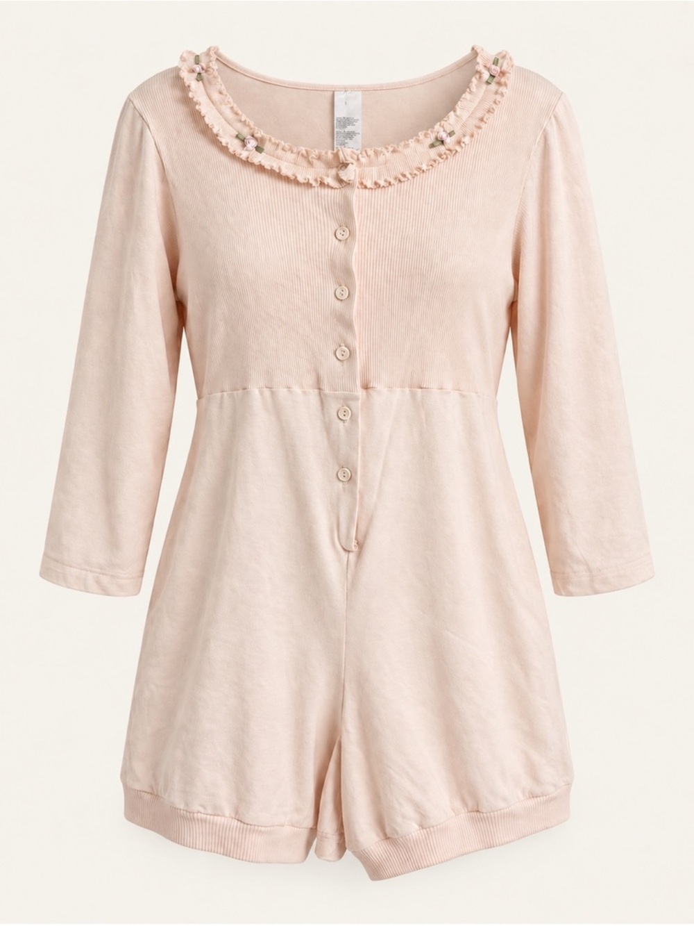 Blush Pink Coquette Rosette Ruffle Henley Lounge Romper Size M